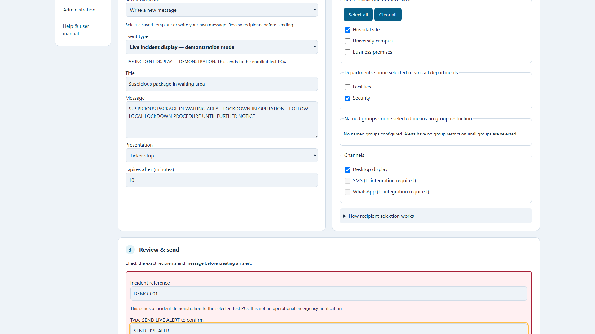The current Nuntivra message composer with live incident mode, site and department selections.