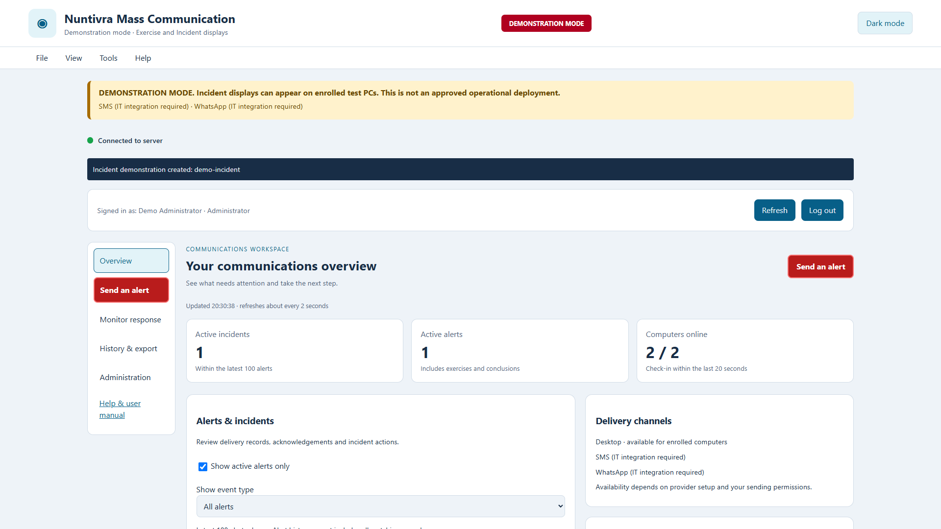 Current Nuntivra dashboard showing the overview, connected computers and incident controls with demonstration data.