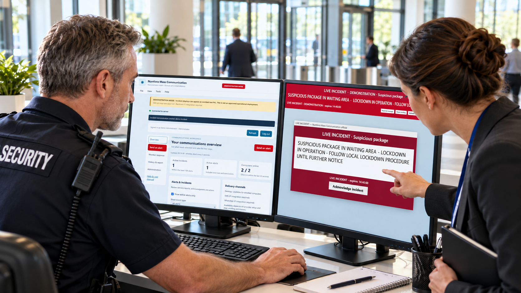 Security and facilities staff monitoring incident communications.