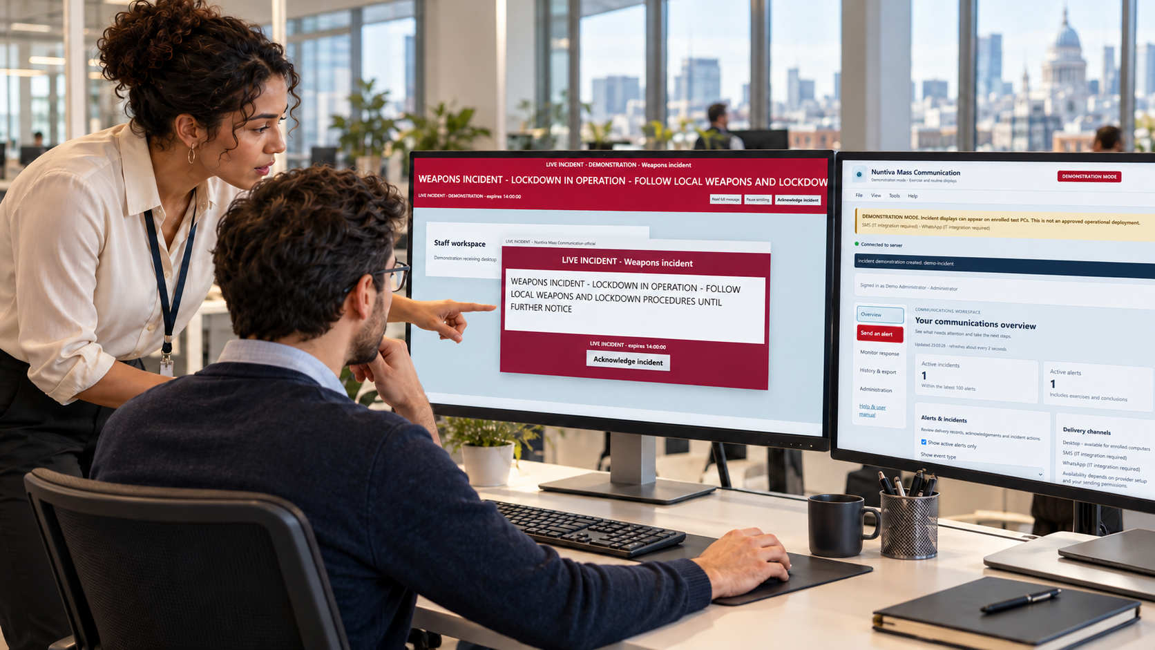 Office staff viewing desktop alert instructions.
