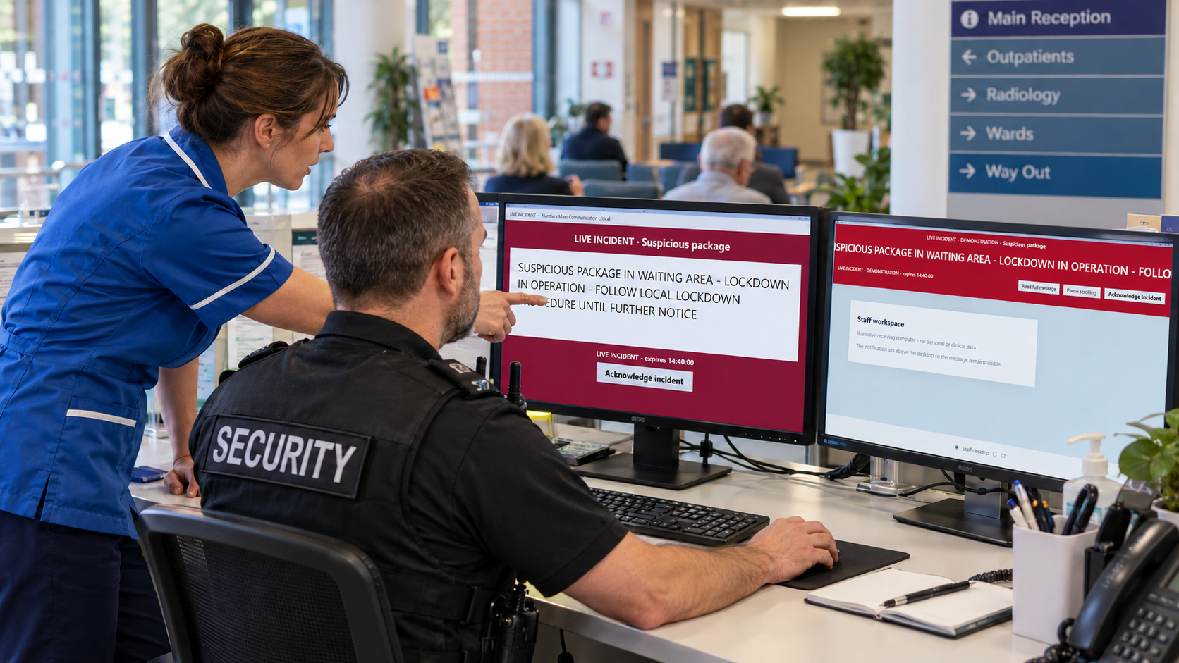 Clinical and security staff reviewing a critical lockdown alert.