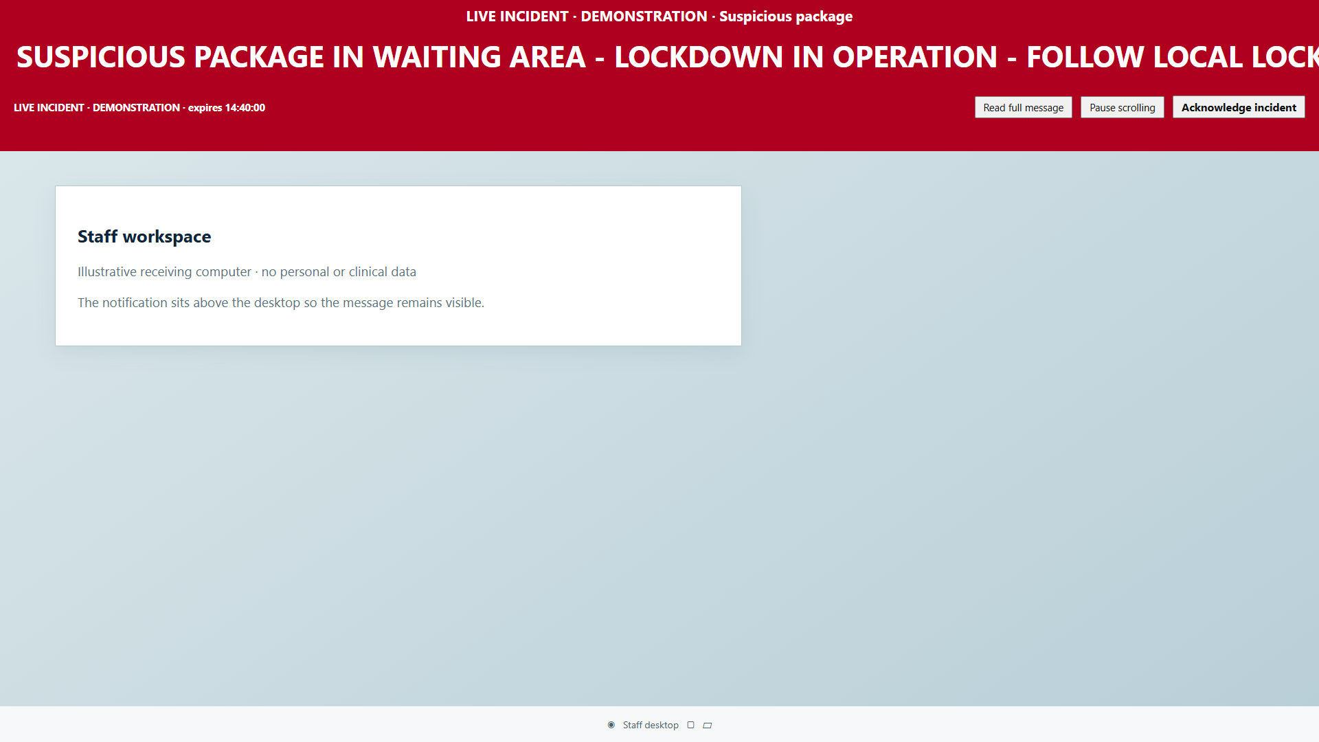 Red live-incident demonstration ticker with acknowledgement controls.