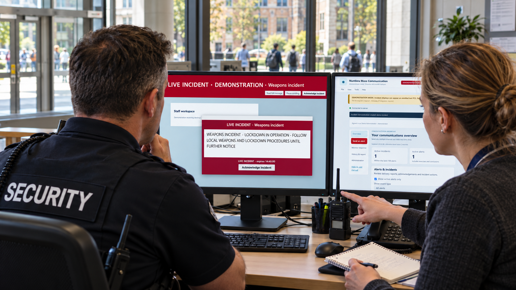 Campus security and operations staff reviewing a live incident.